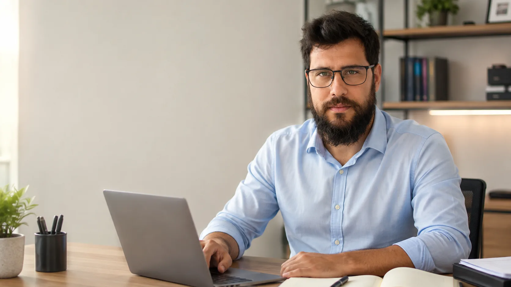Pedro Binda em seu escritório, diante de um notebook